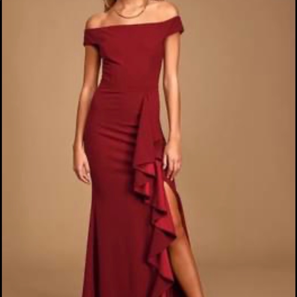 Mila Burgundy Ruffled off-the-shoulder maxi dress
